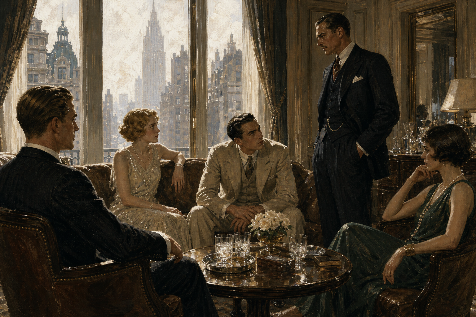 플라자 호텔의 무더운 방 안에서 1920년대 복장의 인물들이 긴장 속에 마주 앉아 있는 위대한 개츠비의 대립 장면