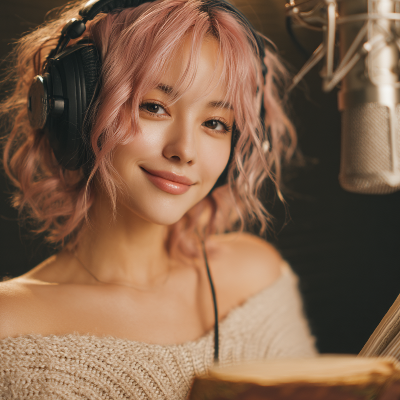 분홍색 머리와 헤드폰을 착용하고 책을 든 수아 캐릭터 이미지